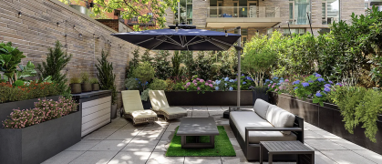 A one-bedroom condo with a 800-square-foot landscaped terrace in Hell's Kitchen